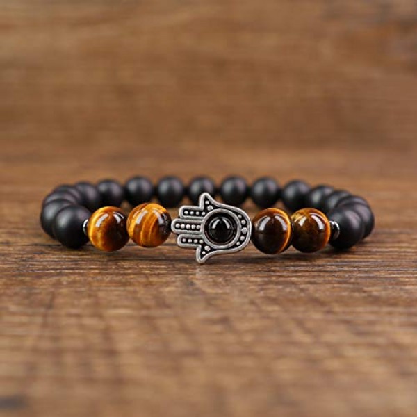 Coai 남녀공용 오닉스 및 타이거 아이 팔찌, 함사 핸드 참 포함