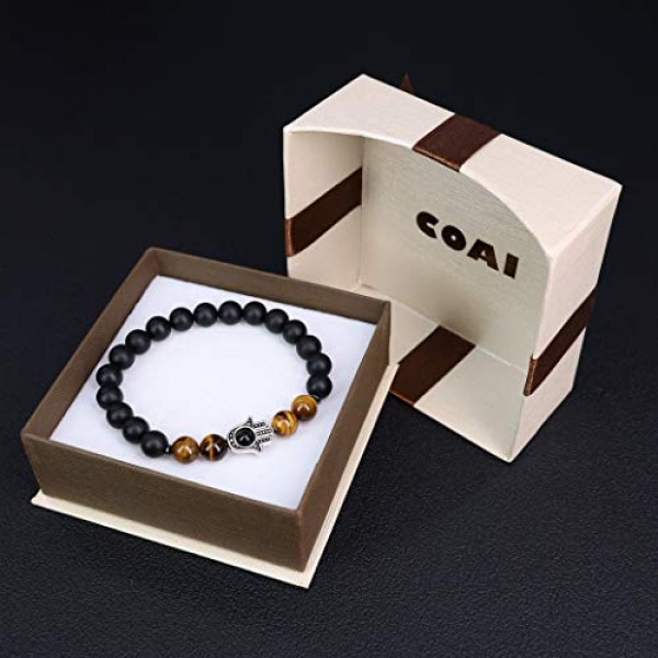 Coai 남녀공용 오닉스 및 타이거 아이 팔찌, 함사 핸드 참 포함