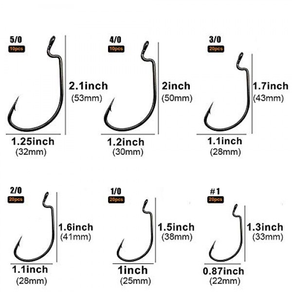 UCEC 낚시 후크, 140PCS/ 100PCS/ 60PCS EWG 오프셋 웜 후크 베이스 후크 와이드 갭 2X 강력한 Senko 미끼 베이스 송어 바닷물 담수용 텍사스 리그 지그 피쉬 후크 크기: #4#2#1 1/0 2/