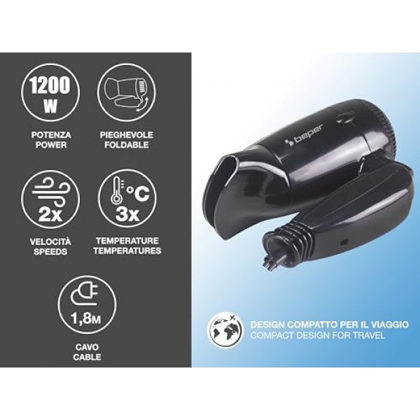 BEPER 40.405 여행용 헤어드라이어 1200W 접이식 여행용 헤어드라이어 소형 블랙