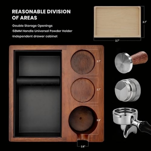 CODOGOY 에스프레소 노크 박스 58mm 커피 탬핑 스테이션 58mm 에스프레소 디스트리뷰터와 호환 가능 커피 노크 박스 탬퍼 홀더-1.5L 커피 찌꺼기 박스 호두 베이스