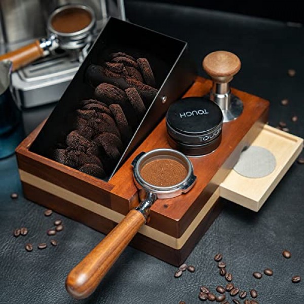 CODOGOY 에스프레소 노크 박스 58mm 커피 탬핑 스테이션 58mm 에스프레소 디스트리뷰터와 호환 가능 커피 노크 박스 탬퍼 홀더-1.5L 커피 찌꺼기 박스 호두 베이스