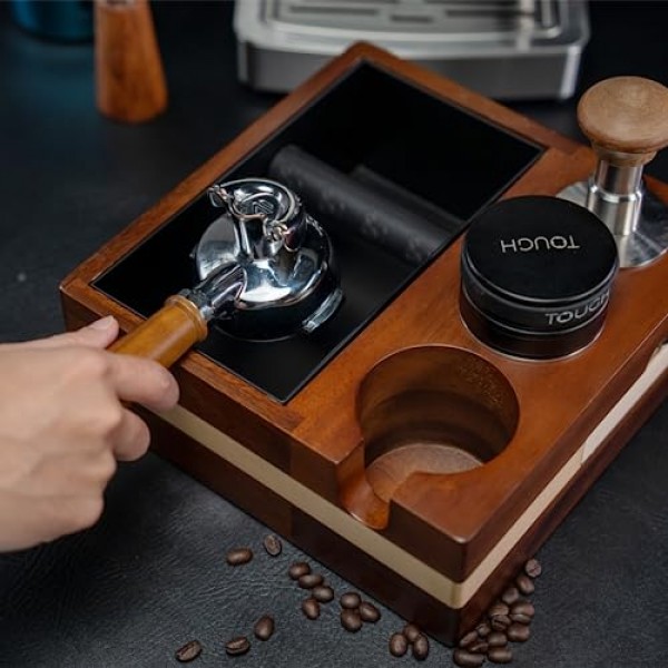 CODOGOY 에스프레소 노크 박스 58mm 커피 탬핑 스테이션 58mm 에스프레소 디스트리뷰터와 호환 가능 커피 노크 박스 탬퍼 홀더-1.5L 커피 찌꺼기 박스 호두 베이스