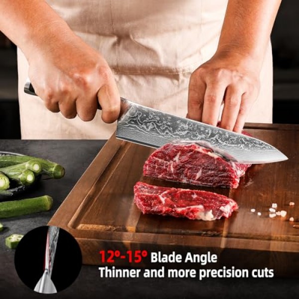 Sunnecko 요리사 칼 8 인치, 다마스커스 부엌 칼 일본 요리사 칼 Vg10 고탄소 스테인레스 스틸