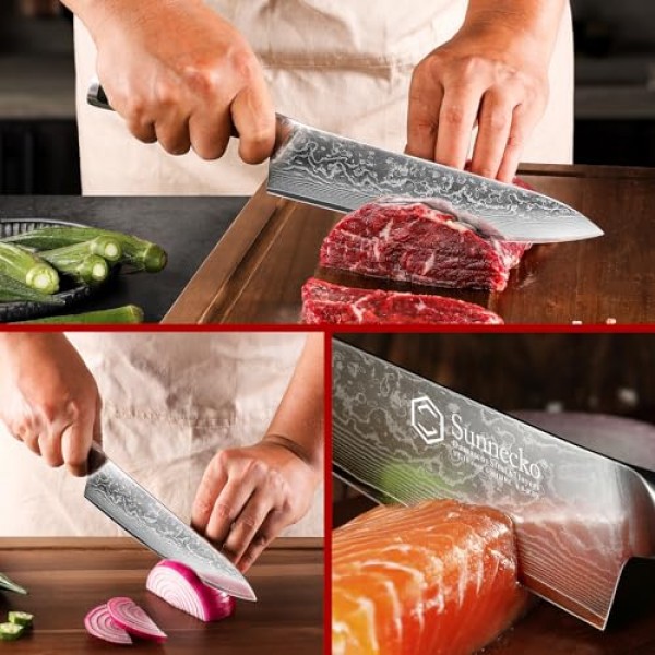 Sunnecko 요리사 칼 8 인치, 다마스커스 부엌 칼 일본 요리사 칼 Vg10 고탄소 스테인레스 스틸