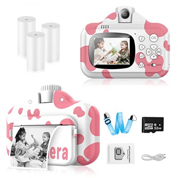어린이를 위한 즉석 카메라, 업그레이드된 어린이 셀카 디지털 인쇄 카메라(1080P 비디오 레코더 포함) 32G SD 카드 장난감(3세 4 5 6 7 8-10 12세 유아 남아 및 여아용) - 핑크