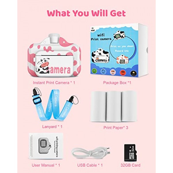 어린이를 위한 즉석 카메라, 업그레이드된 어린이 셀카 디지털 인쇄 카메라(1080P 비디오 레코더 포함) 32G SD 카드 장난감(3세 4 5 6 7 8-10 12세 유아 남아 및 여아용) - 핑크