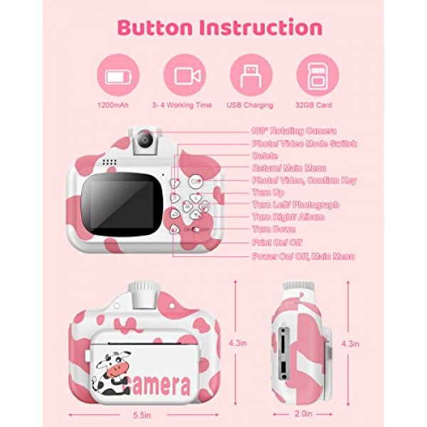 어린이를 위한 즉석 카메라, 업그레이드된 어린이 셀카 디지털 인쇄 카메라(1080P 비디오 레코더 포함) 32G SD 카드 장난감(3세 4 5 6 7 8-10 12세 유아 남아 및 여아용) - 핑크