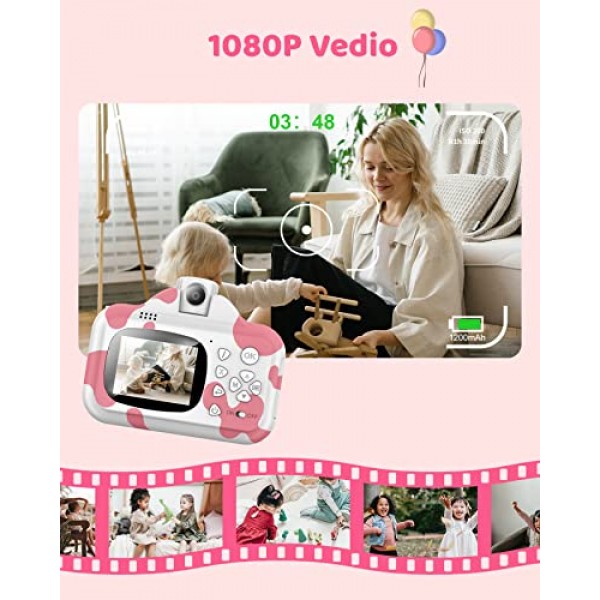 어린이를 위한 즉석 카메라, 업그레이드된 어린이 셀카 디지털 인쇄 카메라(1080P 비디오 레코더 포함) 32G SD 카드 장난감(3세 4 5 6 7 8-10 12세 유아 남아 및 여아용) - 핑크
