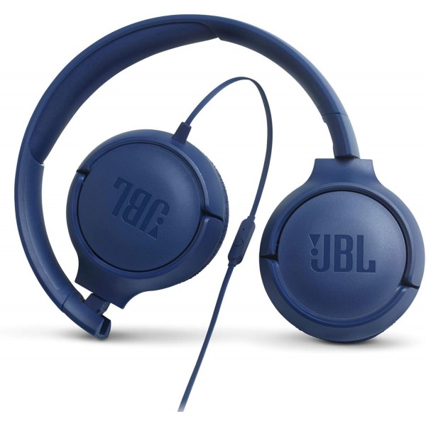 원버튼 리모컨과 마이크가 있는 JBL TUNE500 유선 온이어 헤드폰, 파란색