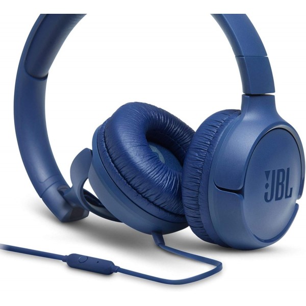 원버튼 리모컨과 마이크가 있는 JBL TUNE500 유선 온이어 헤드폰, 파란색