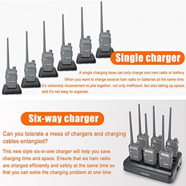 BAOFENG UV-5R 6방향 충전기 BF-F8HP UV-5R UV-5RE UV-5RPRO UV-5RM Retevis RT-5R RT-5RV Mirkit UV-5R MK4 워키토키 및 배터리(1팩)용 멀티 유닛 충전기 스테이션