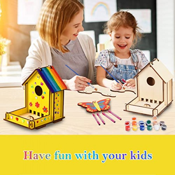 8-12세 어린이를 위한 공예 - 다이아몬드 스티커가 포함된 나만의 새 피더 바람 차임 키트 만들기 - 2팩 미완성 목재 DIY 어린이 STEM 그림 활동 공예 소년 소녀 6-8 3-5세를 