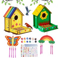 8-12세 어린이를 위한 공예 - 다이아몬드 스티커가 포함된 나만의 새 피더 바람 차임 키트 만들기 - 2팩 미완성 목재 DIY 어린이 STEM 그림 활동 공예 소년 소녀 6-8 3-5세를 