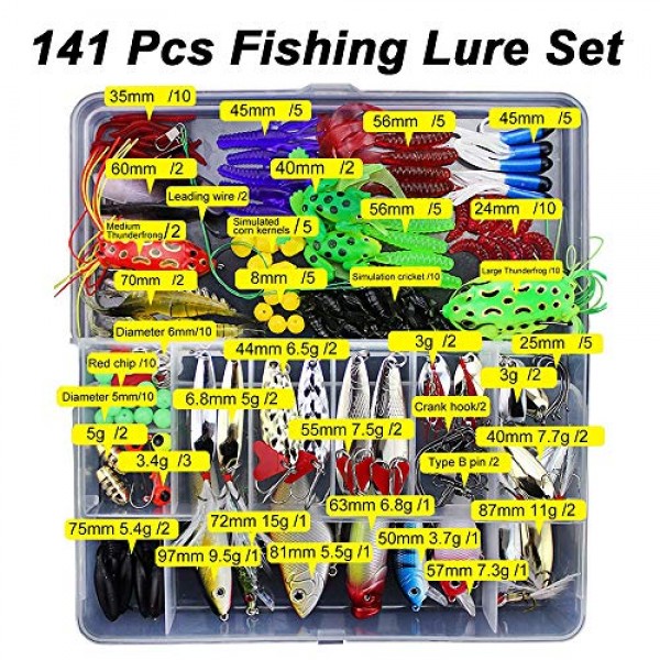 Ewolee 141 조각 낚시 미끼, 미끼 예술 미끼 세트, 낚시 미끼 세트, 파이크, 송어, 잰더, 농어용 낚시 액세서리