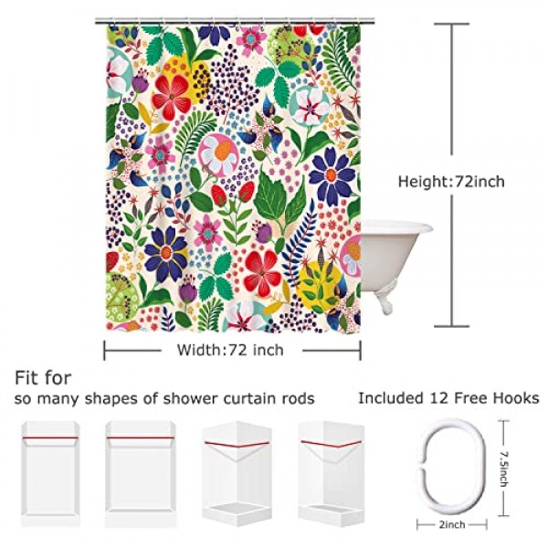 LIVILAN 꽃 샤워 커튼 다채로운 샤워 커튼 꽃 Boho 밝은 독특한 꽃 패브릭 보헤미안 샤워 커튼 욕실 12 후크, 72 