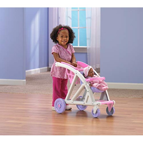 American Plastic Toys Shop with Me Baby Doll용 유모차, 2-in-1 유모차 및 쇼핑 카트, 역할 놀이 장려, 걷는 법을 배우는 유아를 위한 운동 능력 구축, 2세 이상용, 분홍색 및 보라색