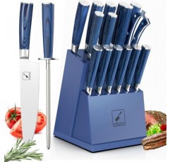 imarku 16피스 ​​주방 칼 세트(블록 포함), 독일산 스테인레스 스틸 칼 세트, 주방용 샤프너 및 6개 스테이크 칼 세트, 울트라 샤프 칼 붙이 선물 세트, 블루