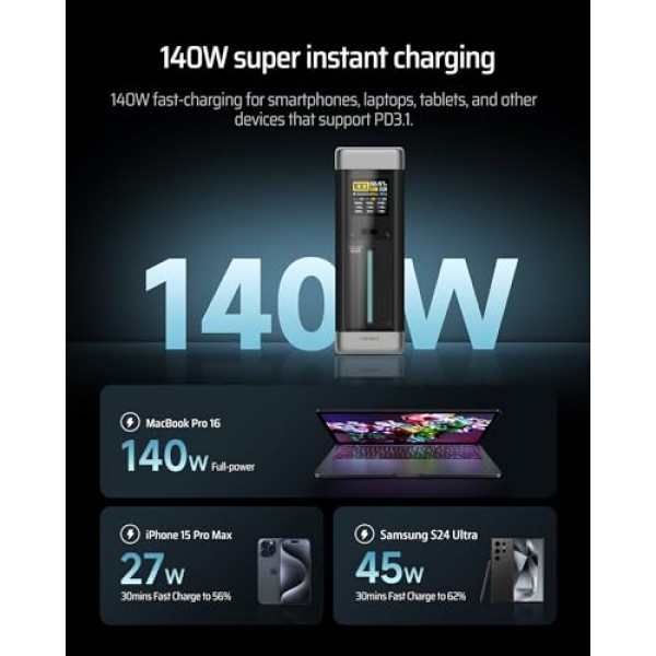 CUKTECH 20 보조 배터리, 25,000mAh 지원 140W PD3.1, 3포트 휴대용 충전기, 노트북, iPhone 15/14 시리즈, 삼성, MacBook, Dell, 태블릿, AirPods 등을 위한 스마트 충전 상태 TFT 디스플레