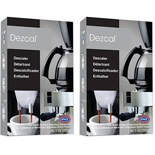 Urnex Dezcal 커피 및 에스프레소 디스케일러 및 클리너 - 2팩 - 활성 스케일 제거제 가정용 커피 브루어와 함께 사용 에스프레소 머신 포드 머신 캡슐 머신 주전자 가멧 