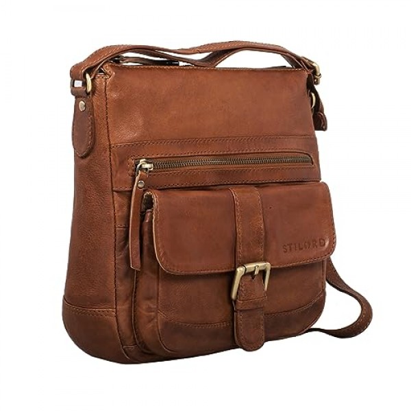 STILORD 'Louise' 빈티지 숄더백 여성용 가죽 소형 메신저 백 태블릿 가방 9.7인치 iPad 숄더백 DIN A5 핸드백 정품 소가죽으로 제작, 황토색 - 브라운, 숄더백