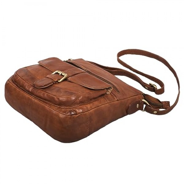 STILORD 'Louise' 빈티지 숄더백 여성용 가죽 소형 메신저 백 태블릿 가방 9.7인치 iPad 숄더백 DIN A5 핸드백 정품 소가죽으로 제작, 황토색 - 브라운, 숄더백