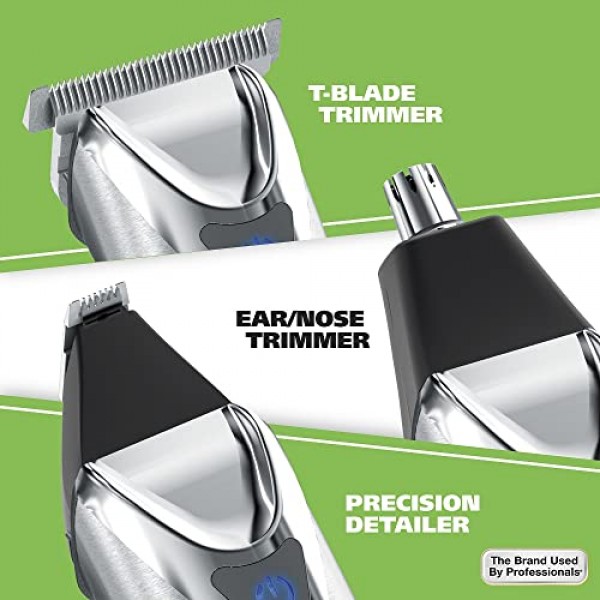 Wahl USA 남성용 스테인레스 스틸 리튬 이온 무선 수염 트리머 - 회전식 귀 및 코 트리머 및 디테일 트리머가 포함된 충전식 올인원 남성용 수염 트리머 - 모델 9818A