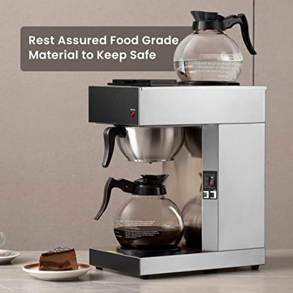 SYBO 12컵 상업용 드립 커피 메이커, 푸어 오버 커피 메이커 브루어, 유리병 2개 및 워머, 스테인레스 스틸 카페테라 SF-CB-2GA