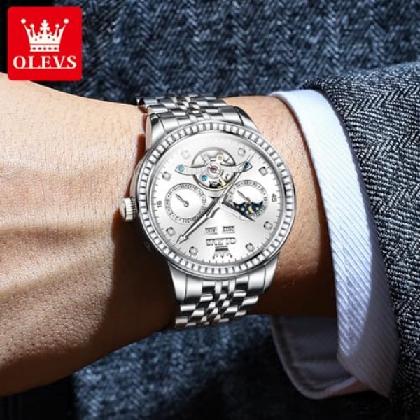 OLEVS 남성용 자동 시계 다이아몬드 럭셔리 뚜르비옹 문 페이즈 실버 스테인레스 스틸 방수 야광 클래식 신사 남성용 손목 시계 연도 요일 Windows 블루 화이트