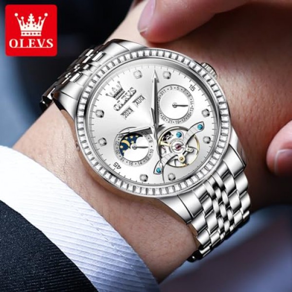 OLEVS 남성용 자동 시계 다이아몬드 럭셔리 뚜르비옹 문 페이즈 실버 스테인레스 스틸 방수 야광 클래식 신사 남성용 손목 시계 연도 요일 Windows 블루 화이트