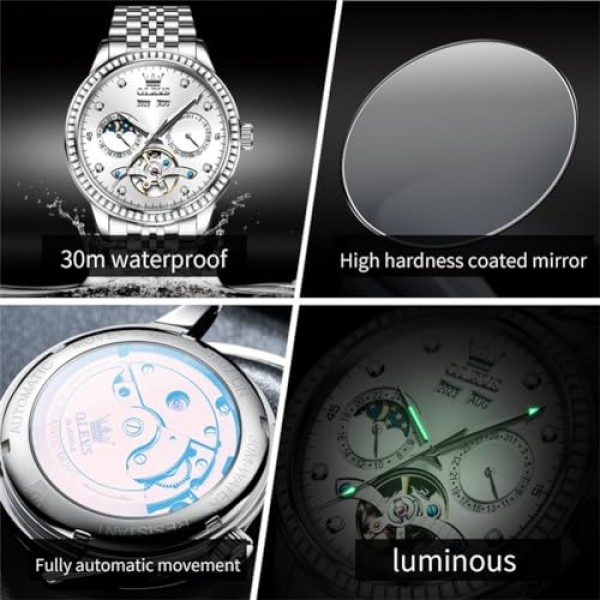 OLEVS 남성용 자동 시계 다이아몬드 럭셔리 뚜르비옹 문 페이즈 실버 스테인레스 스틸 방수 야광 클래식 신사 남성용 손목 시계 연도 요일 Windows 블루 화이트