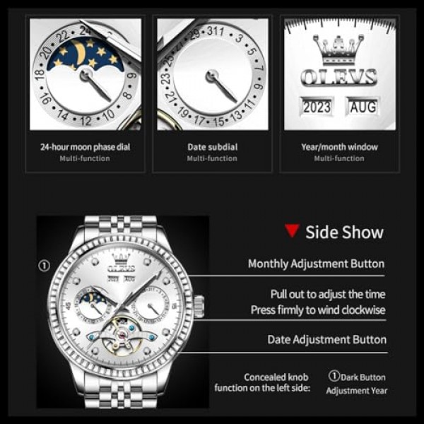 OLEVS 남성용 자동 시계 다이아몬드 럭셔리 뚜르비옹 문 페이즈 실버 스테인레스 스틸 방수 야광 클래식 신사 남성용 손목 시계 연도 요일 Windows 블루 화이트