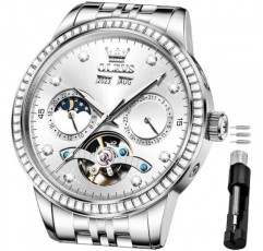 OLEVS 남성용 자동 시계 다이아몬드 럭셔리 뚜르비옹 문 페이즈 실버 스테인레스 스틸 방수 야광 클래식 신사 남성용 손목 시계 연도 요일 Windows 블루 화이트