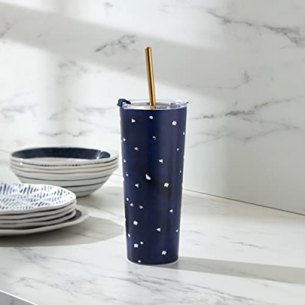 레녹스 895728 블루베이 도트 패턴 스테인레스 스틸 텀블러와 빨대