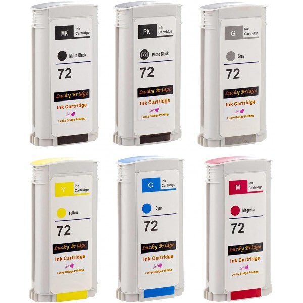 LKB 6PK 호환 HP72 잉크 카트리지 교체(130ML 포함) designjet T1100 T1200 T1100ps T1120 SD-MFP T1120ps T2300 T610 T620 T770 시리즈 프린터(6팩) - 영국