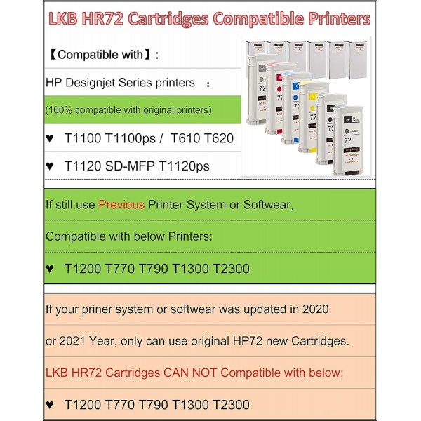 LKB 6PK 호환 HP72 잉크 카트리지 교체(130ML 포함) designjet T1100 T1200 T1100ps T1120 SD-MFP T1120ps T2300 T610 T620 T770 시리즈 프린터(6팩) - 영국