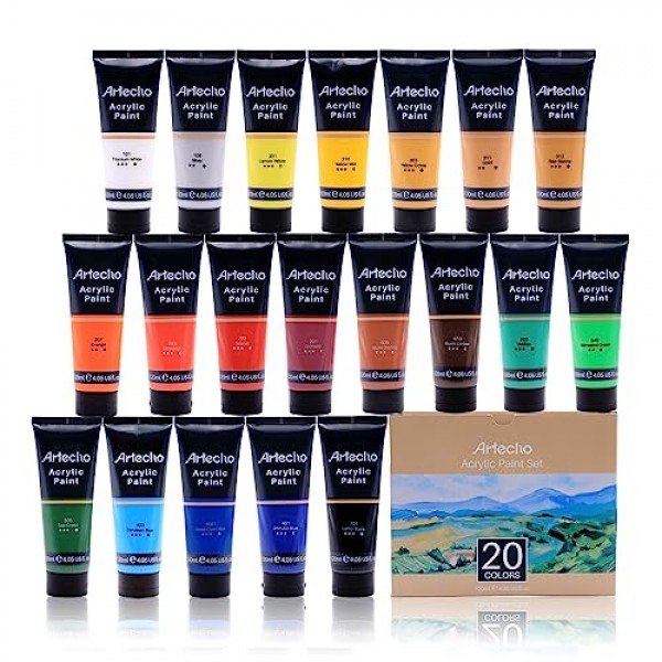 Artecho 전문 아크릴 페인트 세트, 20가지 기본 색상(120ml / 4.05oz) 튜브, 캔버스, 암석, 석재, 목재, 직물, 미술 용품용 미술 공예 페인트