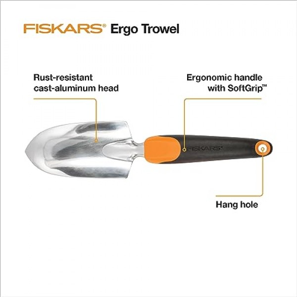 Fiskars Ergo 흙손 - 걸림 구멍이 있는 튼튼한 원예 손 도구 - 잔디 및 마당 도구 - 블랙/오렌지