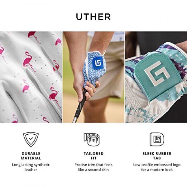 Uther 남성용 DURA 골프 장갑 - 내구성이 뛰어나고 편안하며 지퍼 파우치가 포함된 맞춤형 핏 - 남성용 왼손(왼손잡이 골퍼용), 중/대형 사이즈, 90년대 컵 프리