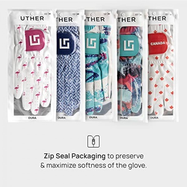Uther 남성용 DURA 골프 장갑 - 내구성이 뛰어나고 편안하며 지퍼 파우치가 포함된 맞춤형 핏 - 남성용 왼손(왼손잡이 골퍼용), 중/대형 사이즈, 90년대 컵 프리