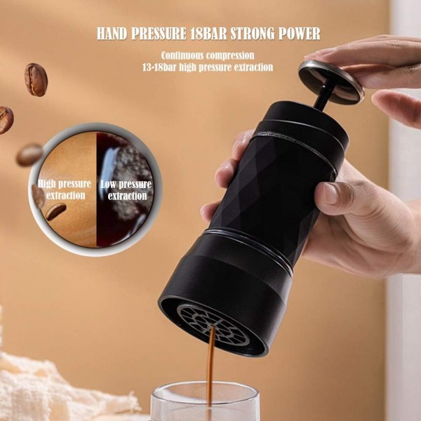 휴대용 커피 메이커 캡슐, 미니 에스프레소 메이커, 호환 가능한 분쇄 커피, 소형 여행용 커피 메이커, 수동으로 작동되는 피스톤 액션(검정색)