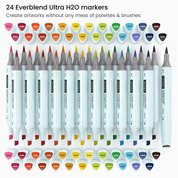 Arteza 듀얼 팁 브러시 펜, 24개의 밝은 네온 톤, 나일론 브러시 및 중간 끌 팁이 포함된 EverBlend 수채화 캘리그래피 마커, 수성 잉크