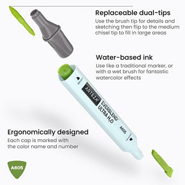 Arteza 듀얼 팁 브러시 펜, 24개의 밝은 네온 톤, 나일론 브러시 및 중간 끌 팁이 포함된 EverBlend 수채화 캘리그래피 마커, 수성 잉크