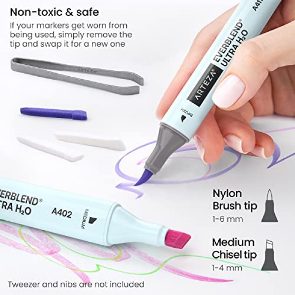 Arteza 듀얼 팁 브러시 펜, 24개의 밝은 네온 톤, 나일론 브러시 및 중간 끌 팁이 포함된 EverBlend 수채화 캘리그래피 마커, 수성 잉크