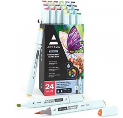 Arteza 듀얼 팁 브러시 펜, 24개의 밝은 네온 톤, 나일론 브러시 및 중간 끌 팁이 포함된 EverBlend 수채화 캘리그래피 마커, 수성 잉크