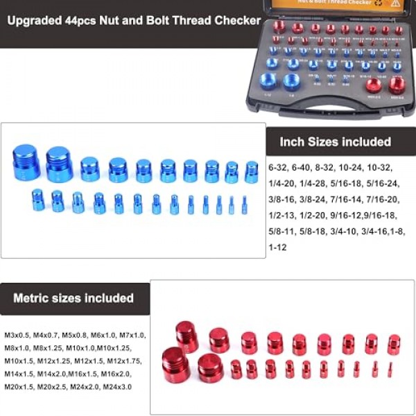 44pcs 너트 및 볼트 스레드 검사기-실용적인 스레드 검사기 세트 상자 너트 및 볼트 크기 게이지 상자 인치 및 미터법 크기, 볼트 및 너트 식별자 게이지 도구 상자, 44 