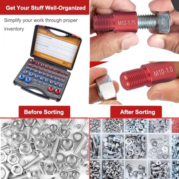 44pcs 너트 및 볼트 스레드 검사기-실용적인 스레드 검사기 세트 상자 너트 및 볼트 크기 게이지 상자 인치 및 미터법 크기, 볼트 및 너트 식별자 게이지 도구 상자, 44 