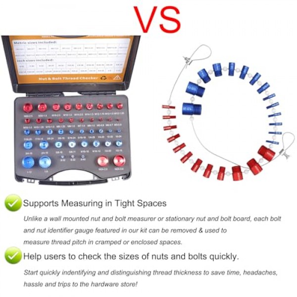 44pcs 너트 및 볼트 스레드 검사기-실용적인 스레드 검사기 세트 상자 너트 및 볼트 크기 게이지 상자 인치 및 미터법 크기, 볼트 및 너트 식별자 게이지 도구 상자, 44 