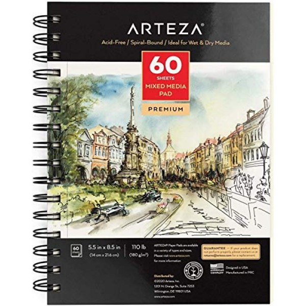 Arteza 혼합 매체 스케치북, 3팩, 5.5 x 8.5인치, 60시트 드로잉 패드(110파운드 종이 포함), 나선형 제본, 습식 및 건식 매체용 미술 용품