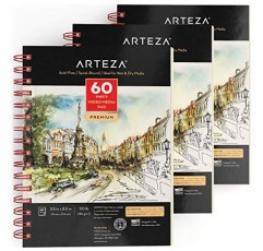 Arteza 혼합 매체 스케치북, 3팩, 5.5 x 8.5인치, 60시트 드로잉 패드(110파운드 종이 포함), 나선형 제본, 습식 및 건식 매체용 미술 용품